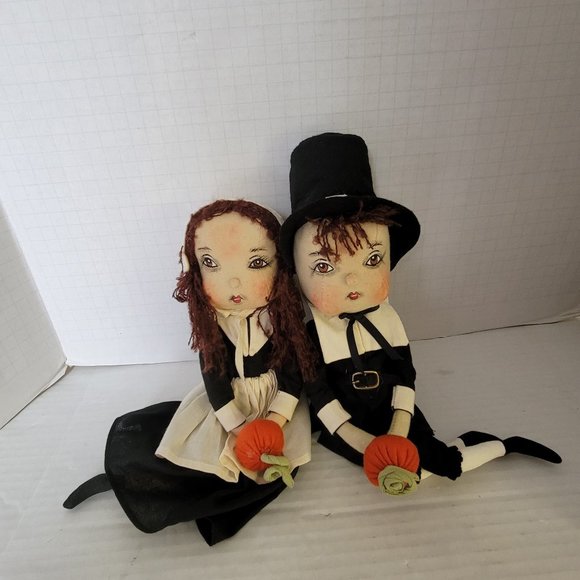Artist Joe Spencer Pair Pilgrim Adam Eve Doll Figure Set Thanksgiving Boy Girl - Picture 1 of 13